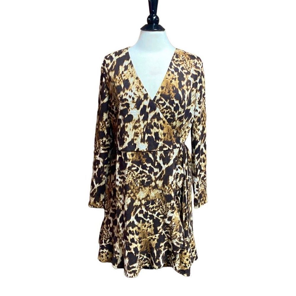 Versona Brown Cheetah Print Wrap Dress Size Large NEW